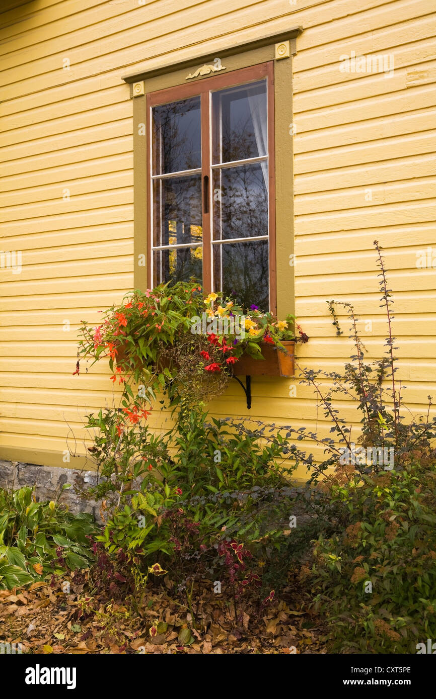Volet de fenêtre en verre décoré sur le mur de côté d'un style cottage jaune accueil résidentiel en automne, Québec, Canada Banque D'Images