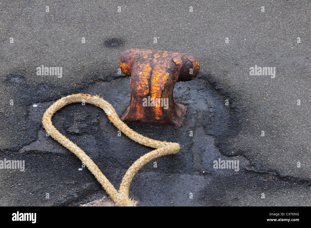 Corde posée à côté d'un bollard, port, Piombino, Toscane, Italie, Europe Banque D'Images