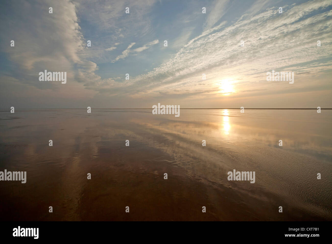 Les nuages se reflètent dans les eaux peu profondes de la mer du Nord à marée basse, la mer des Wadden Parc National de Schleswig-Holstein Banque D'Images