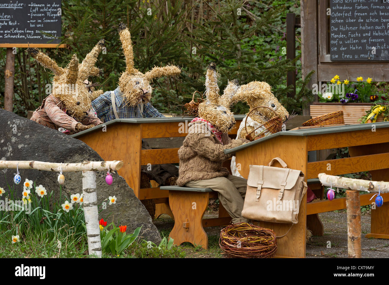 Life-size poupées de paille, lapins de Pâques que d'élèves dans une école de lapin à Pâques, Niederneuching-Ottenhofen, Haute-Bavière Banque D'Images