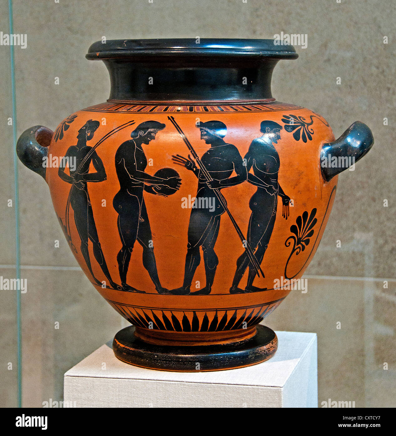 Stamnos en terre cuite Pot de rangement par Antimenes archaïque Peintre 525-500 avant J.-C. Grenier grec athénien Athènes Athlétisme athlètes Banque D'Images