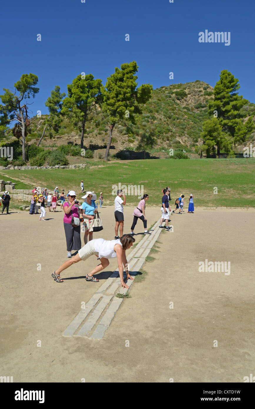 En ligne de départ dans le stade, l'ancienne Olympia, Elis, ouest de la Grèce, Grèce Région Banque D'Images