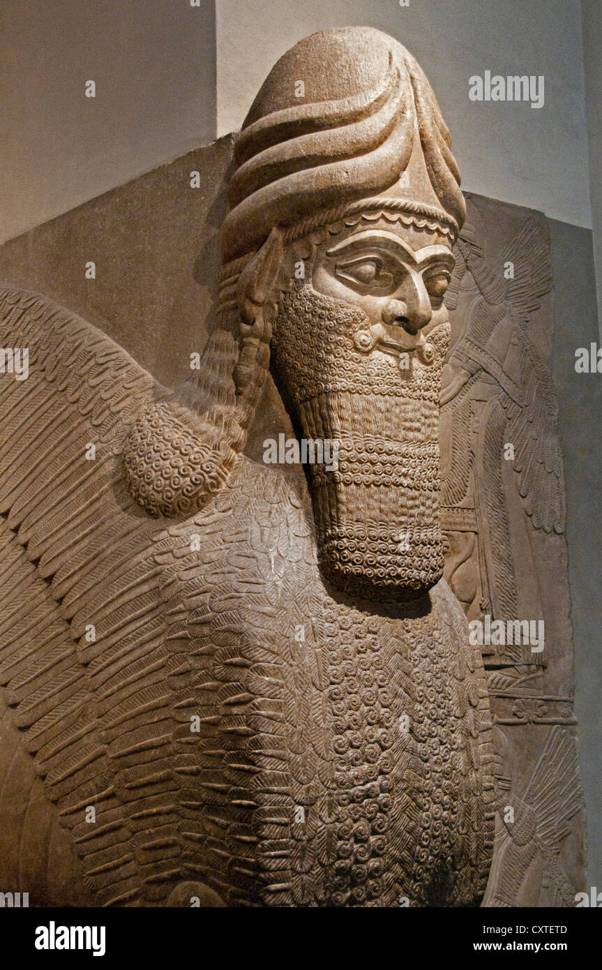 Statue lion ailé visage humain du Palais Royal d'Assurnazirpal II Nimrud 883-859 av. J.-C. en Mésopotamie Iraq Kalhu Assyrie Banque D'Images