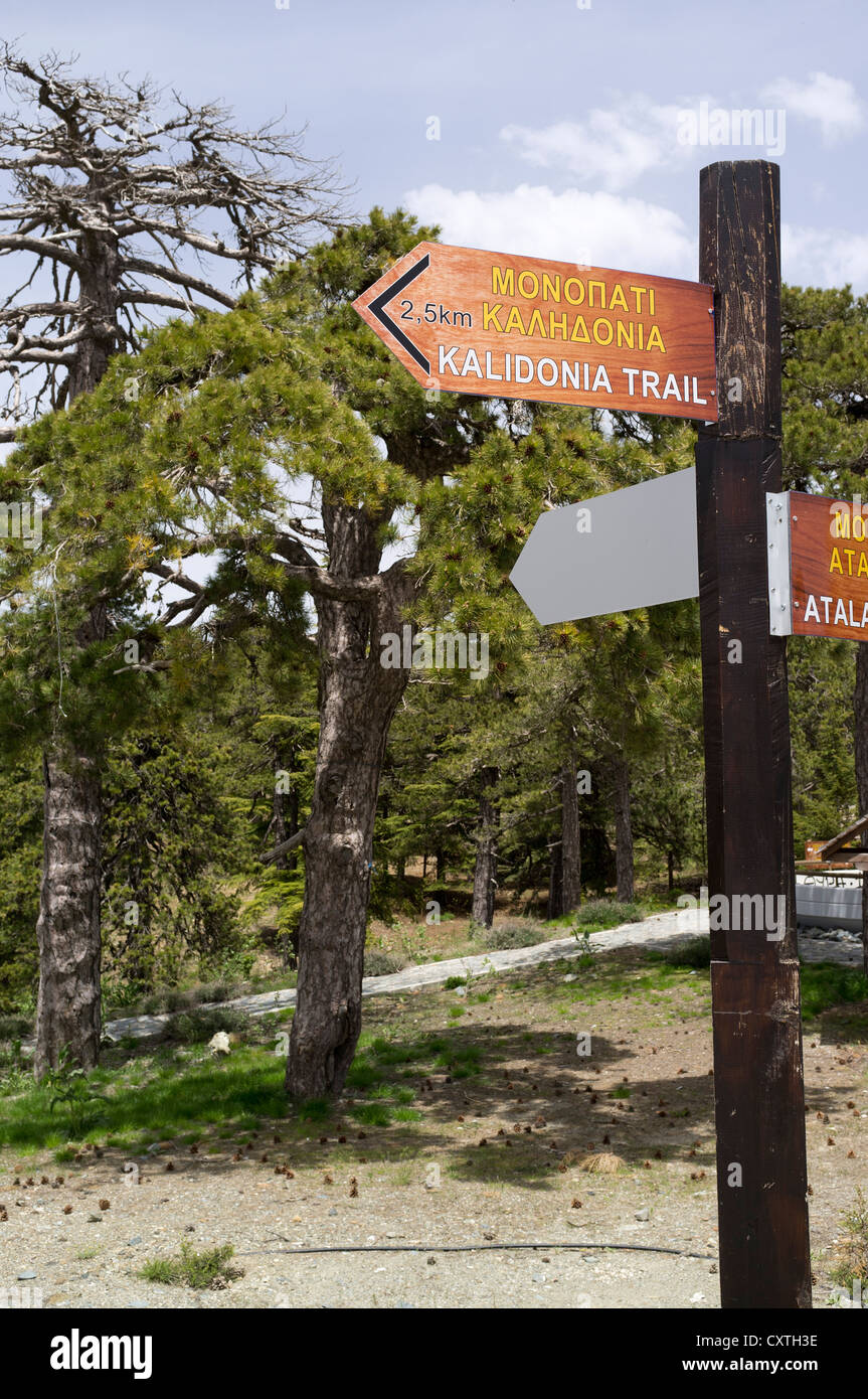 Montagnes TROODOS dh chypriote CHYPRE Kalidonia sentier nature signpost Banque D'Images