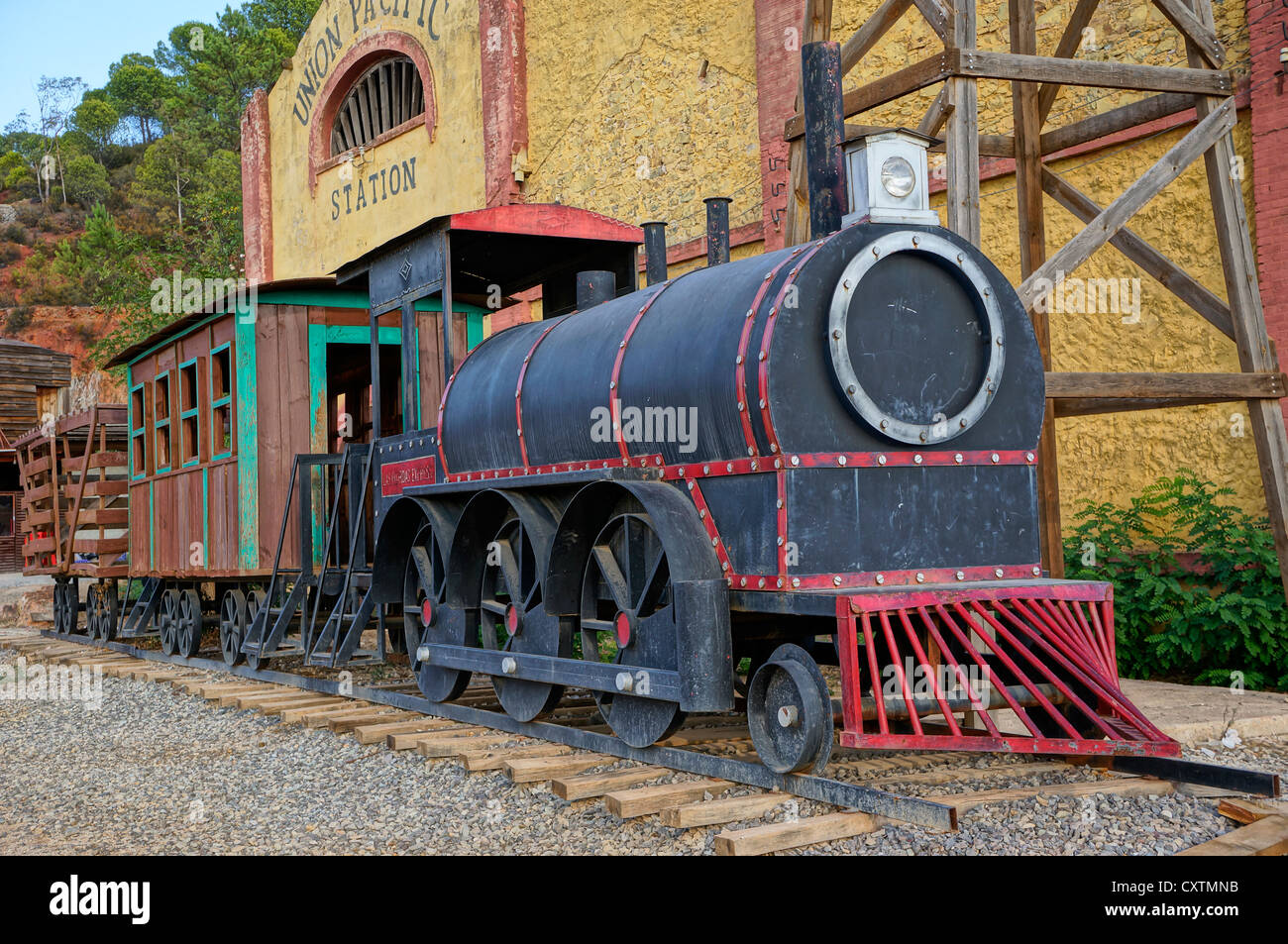 Ville de l'Ouest. Union Pacific gare, vue locomotive, à la Reserva Sevilla El Castillo de las Guardas, Espagne Banque D'Images