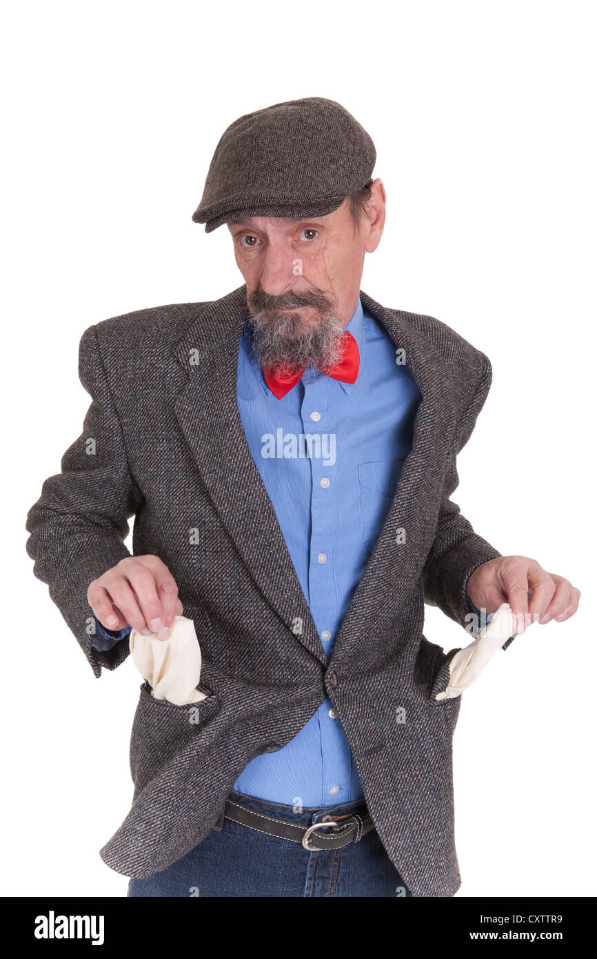 Man showing vide poche sur fond blanc Banque D'Images