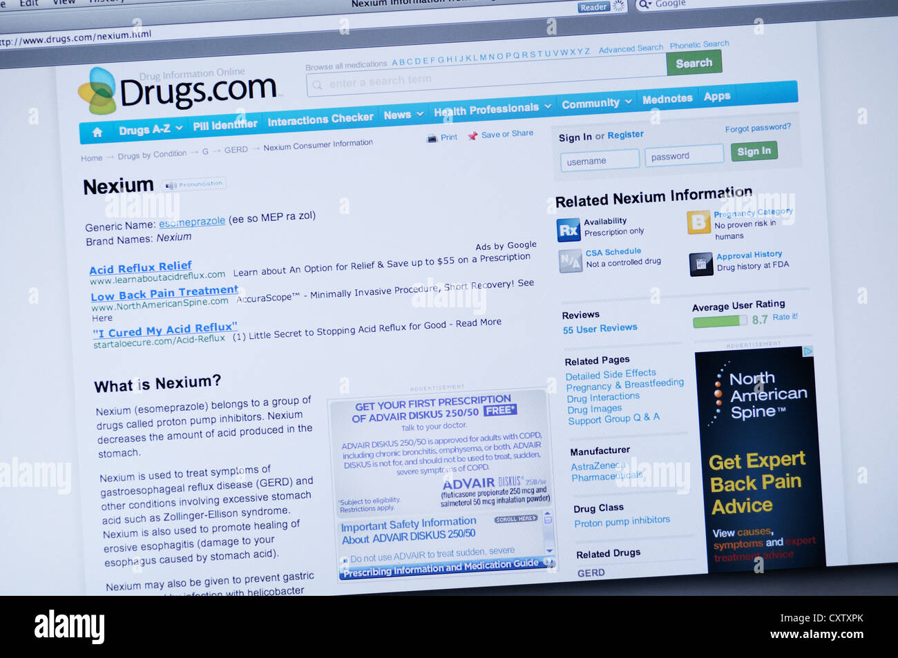 Drugs.com - site d'information en ligne Nexium Banque D'Images
