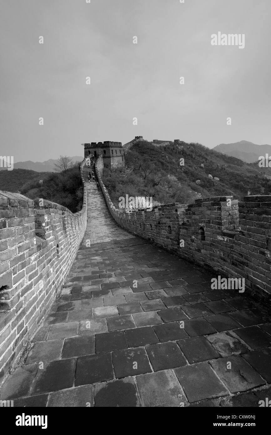 Image en noir et blanc de la Grande Muraille de Chine près de Jinshanling, village Provence Beijing, Chine, Asie. Banque D'Images