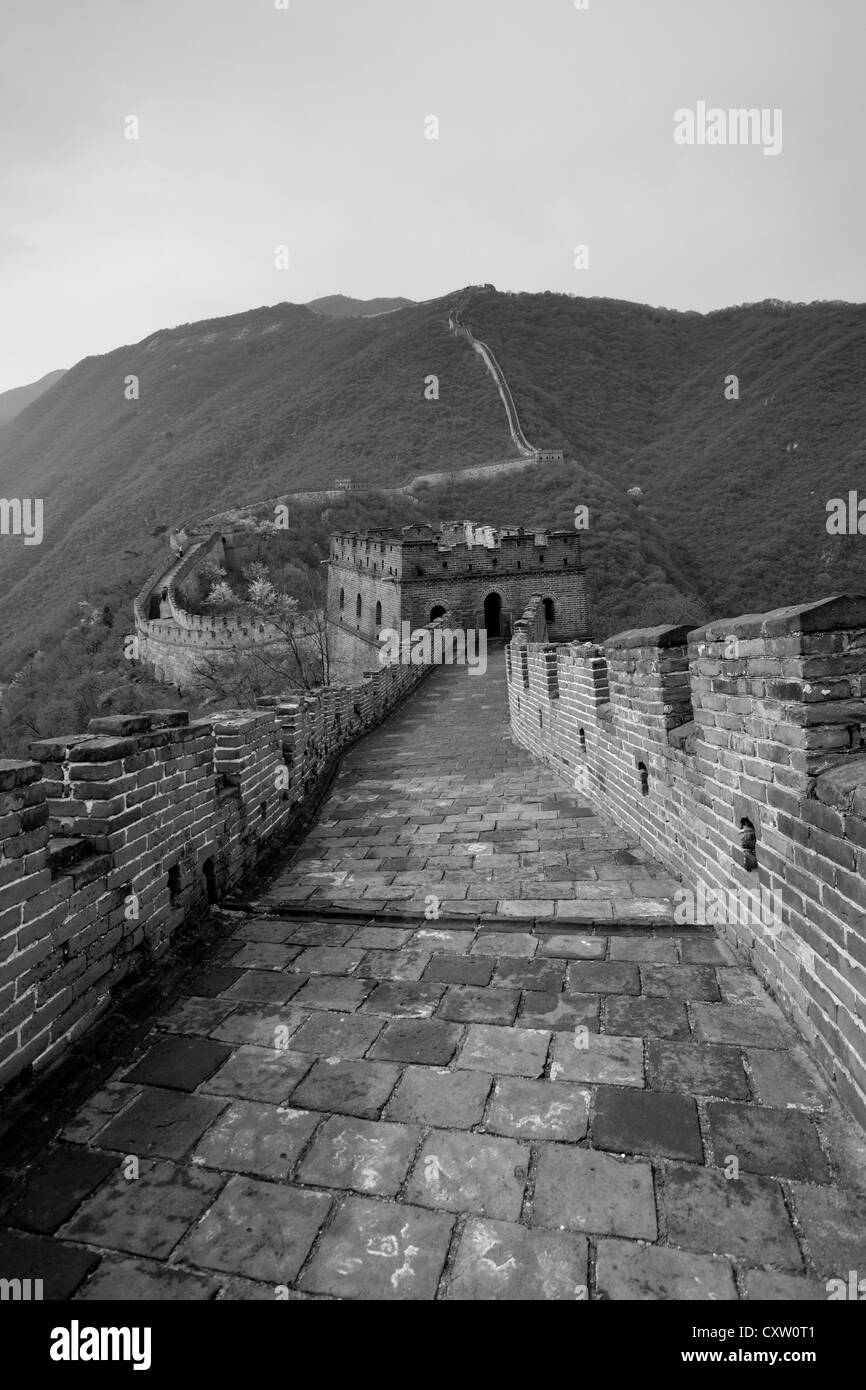 Image en noir et blanc de la section de Mutianyu de la Grande Muraille de Chine, Beijing, vallée de Mutianyu Provence, Chine, Asie. Banque D'Images
