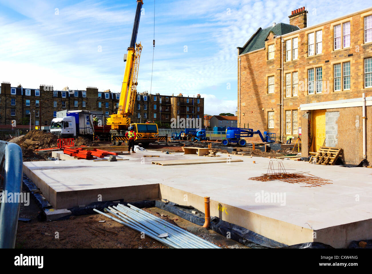 Fondements de la nouvelle école maternelle en cours de construction en Écosse. Banque D'Images