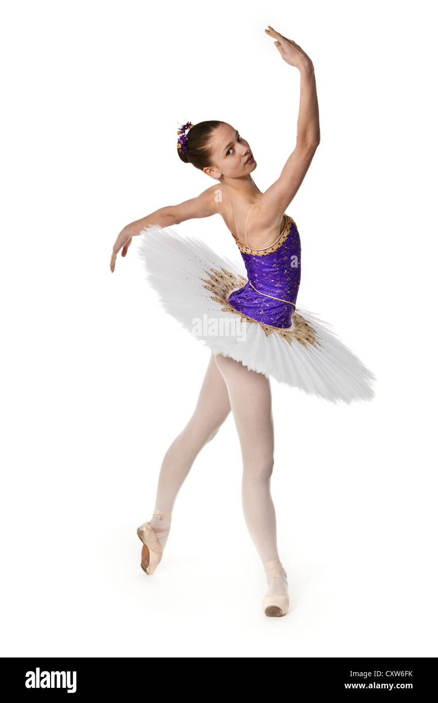 Teenage ballerine en tutu violet et blanc Banque D'Images