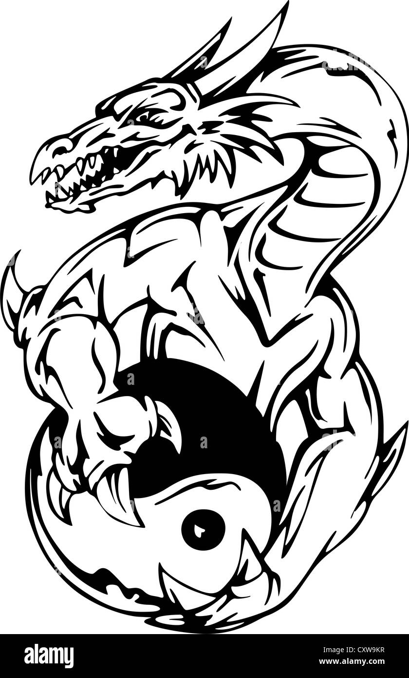 Tatouage de Dragon avec signe yin-yang. Illustration vecteur EPS. Banque D'Images