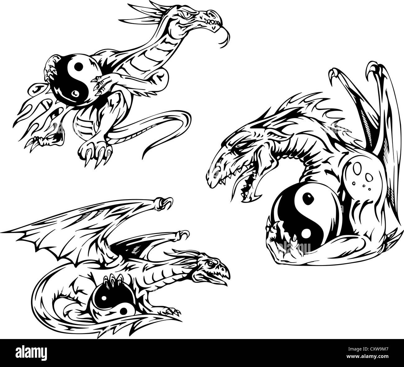 Tatouages Dragon avec signes yin-yang. Série d'illustrations vectorielles. Banque D'Images