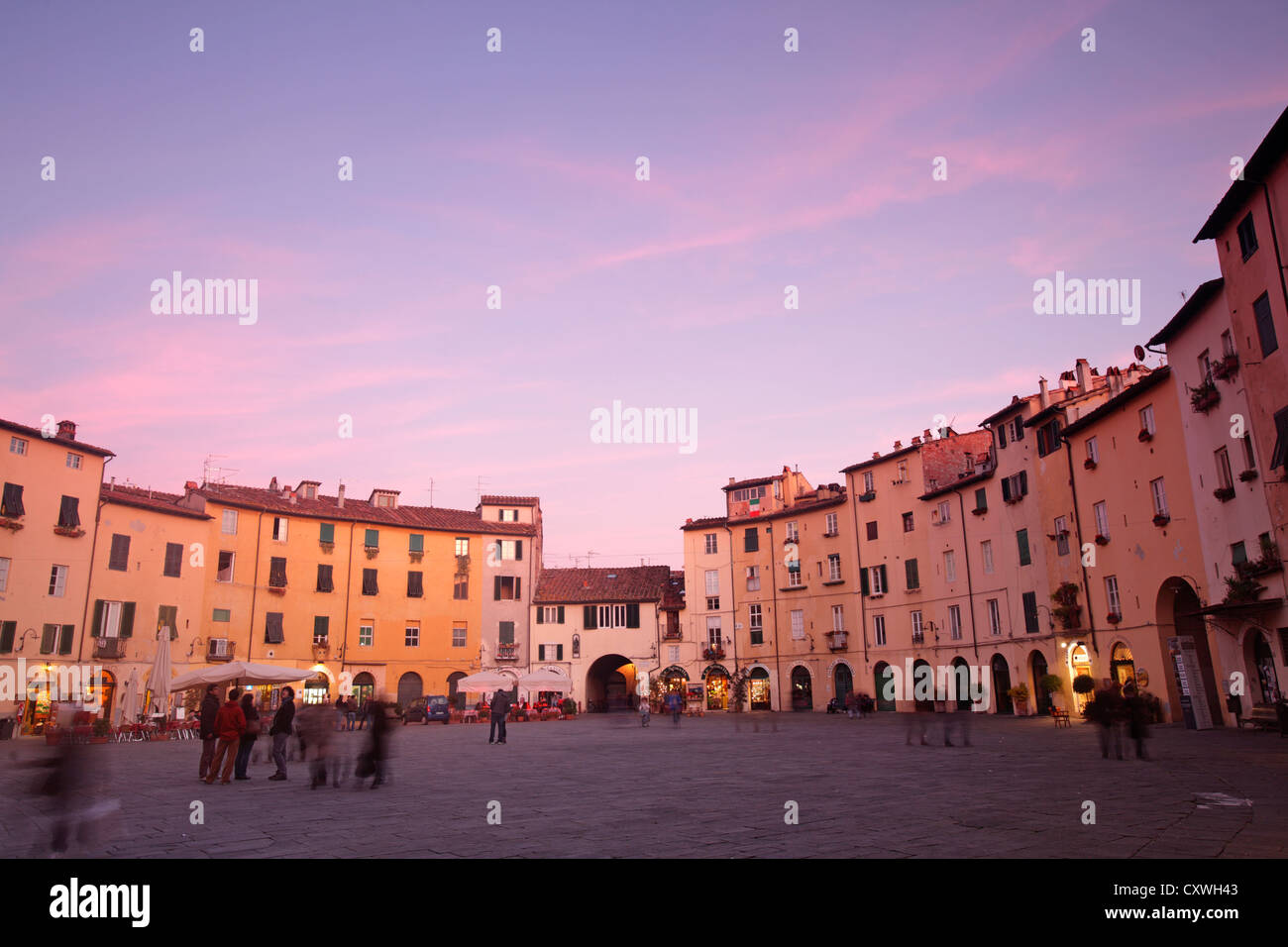 Piazza dell'Amfiteatro au crépuscule, Lucca, Italie Banque D'Images