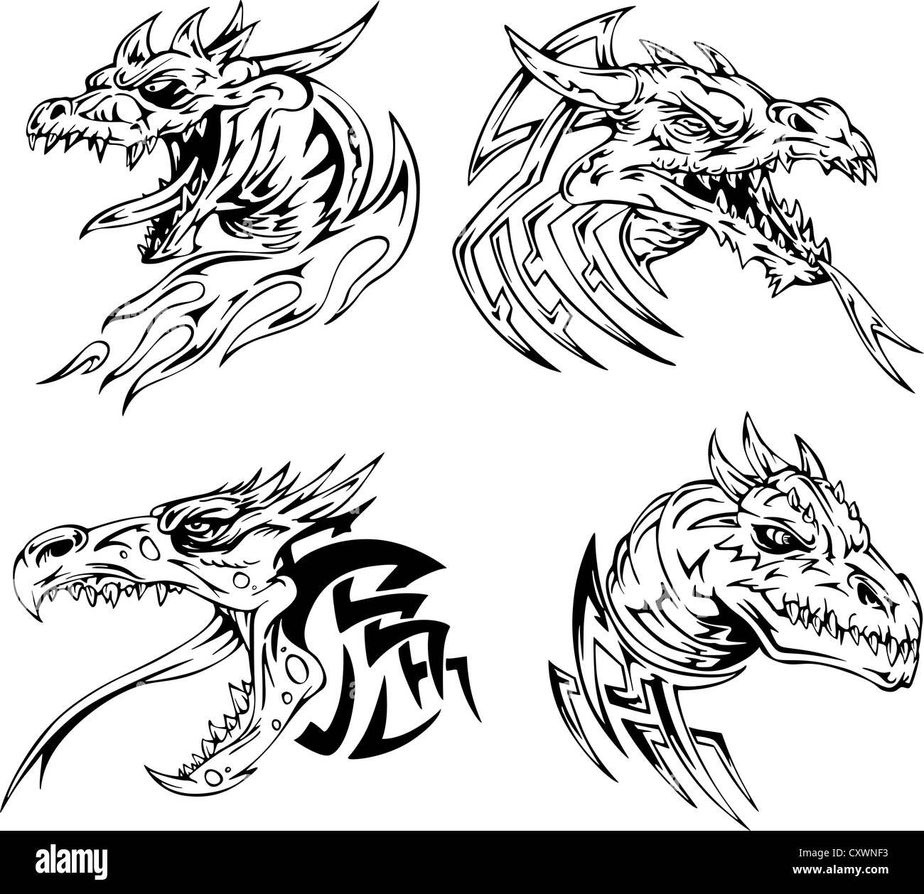 Tête de Dragon tatouages. Série d'illustrations vectorielles en noir et blanc. Banque D'Images