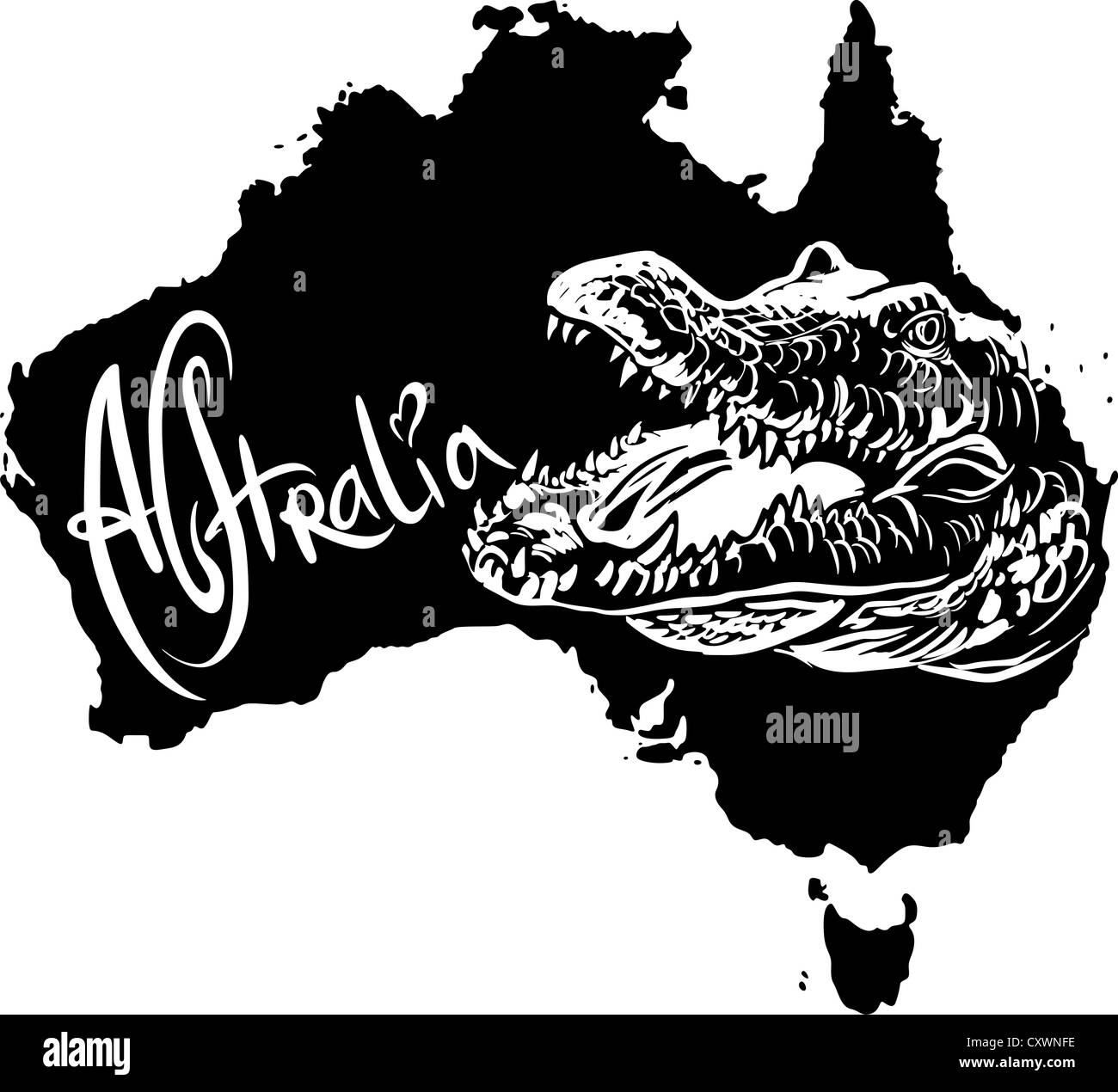 Crocodile sur la carte de l'Australie. Vector illustration noir et blanc. Banque D'Images