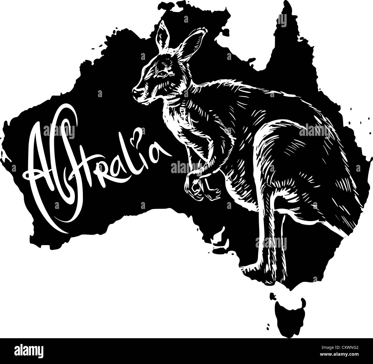 La carte kangourou d'Australie. Vector illustration noir et blanc. Banque D'Images