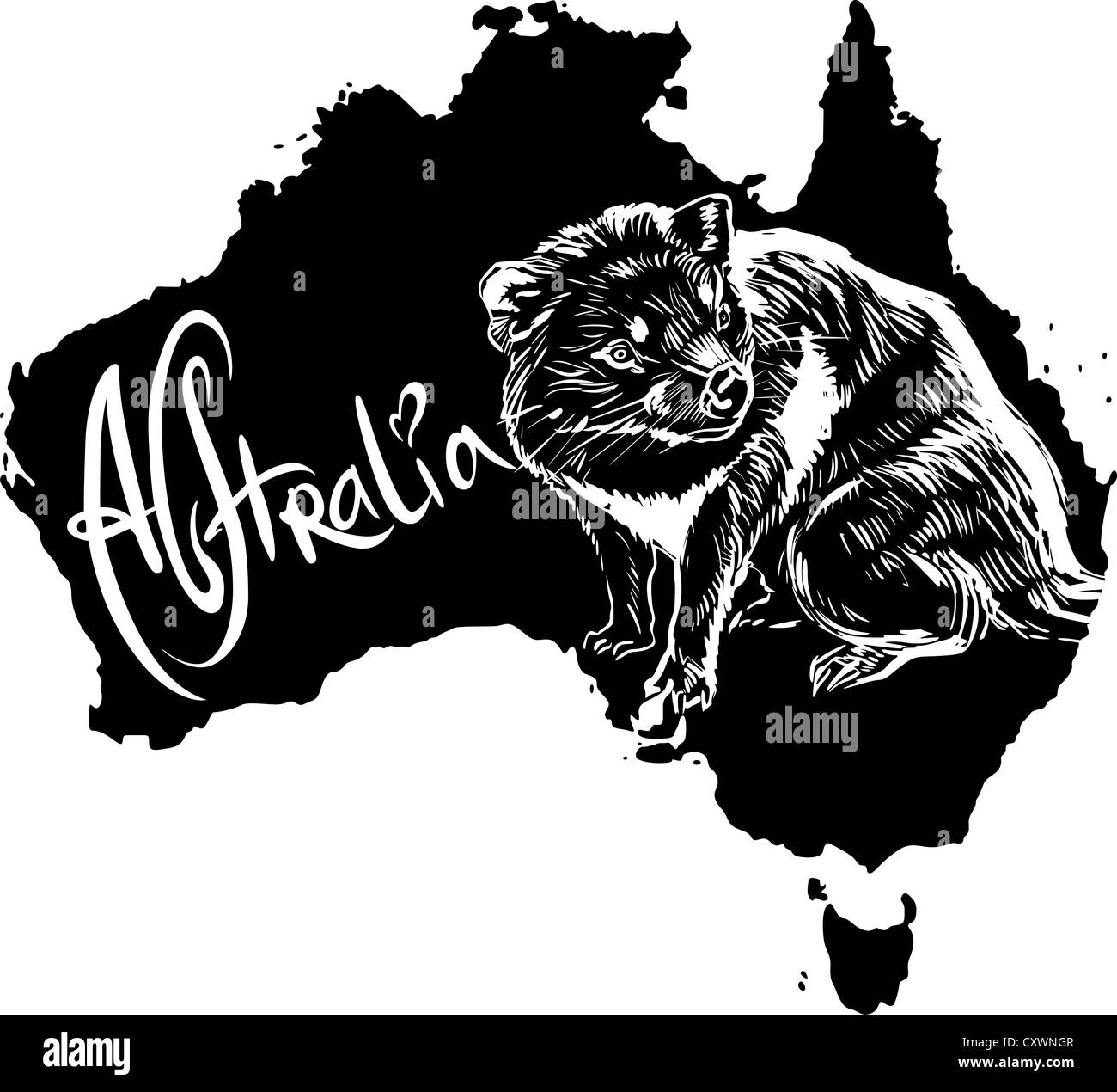 Diable de Tasmanie (Sarcophilus harrisii) sur la carte de l'Australie. Vector illustration noir et blanc. Banque D'Images