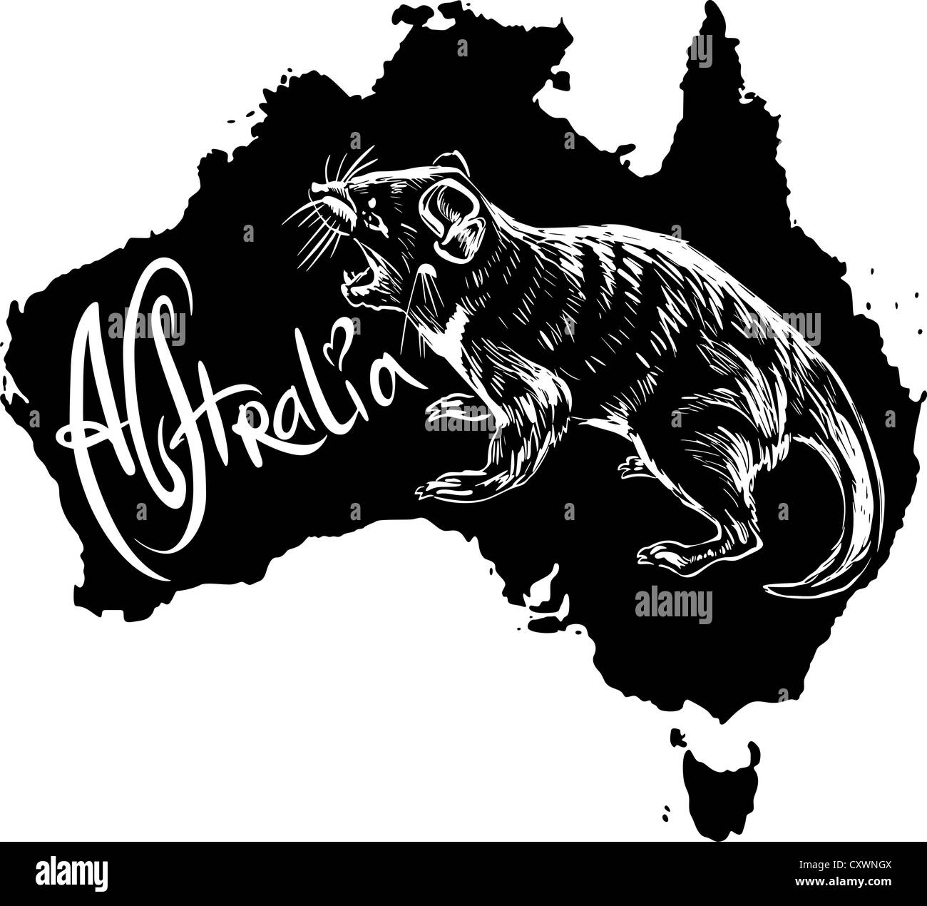 Diable de Tasmanie (Sarcophilus harrisii) sur la carte de l'Australie. Vector illustration noir et blanc. Banque D'Images