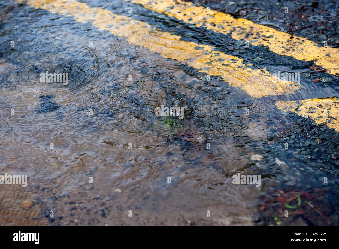 L'eau d'éclatement du tuyau principal inondations road Banque D'Images