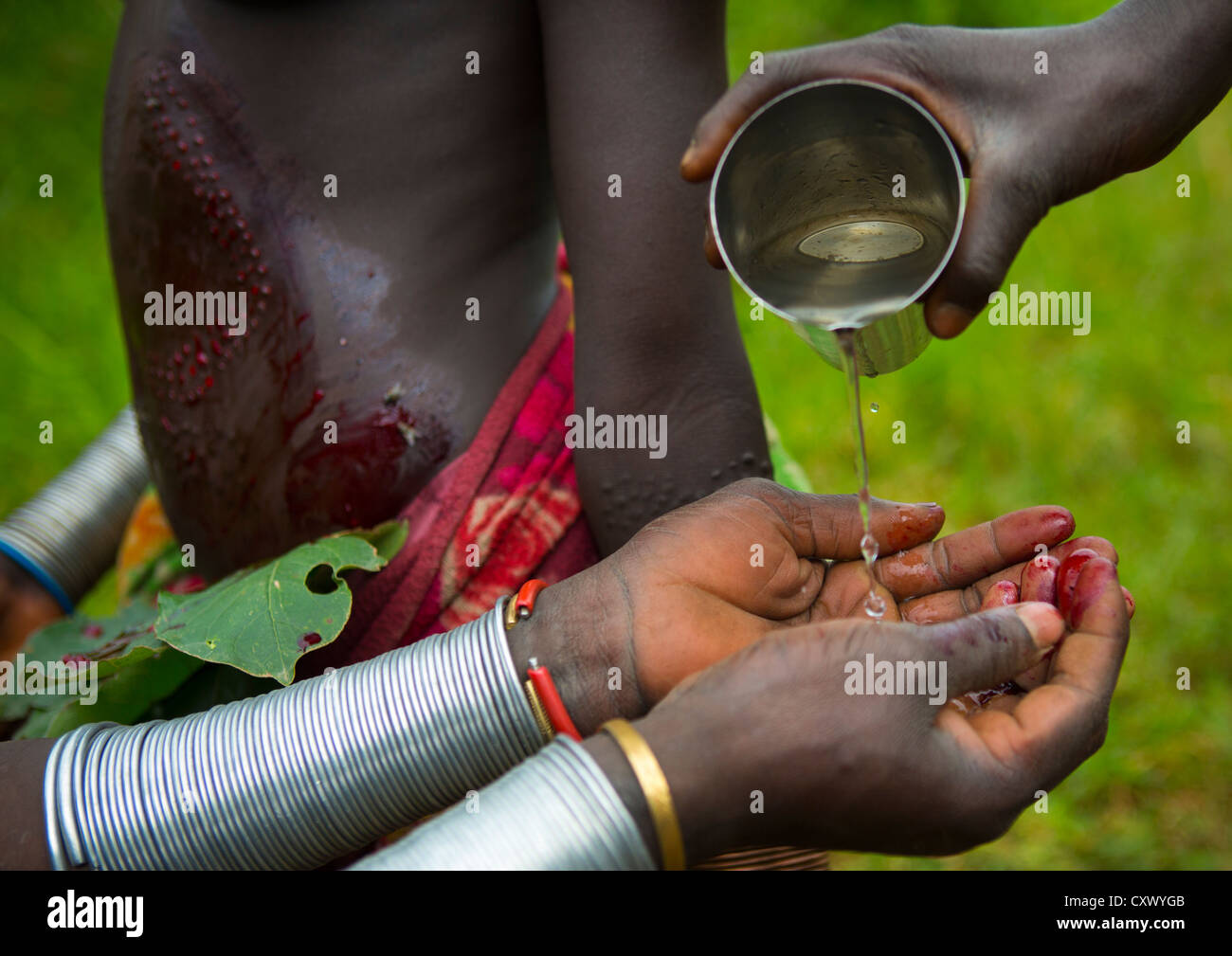 Suri Femme laver ses mains du sang après une cérémonie de la scarification, vallée de l'Omo, Ethiopie, Ethiopiatulgit Banque D'Images