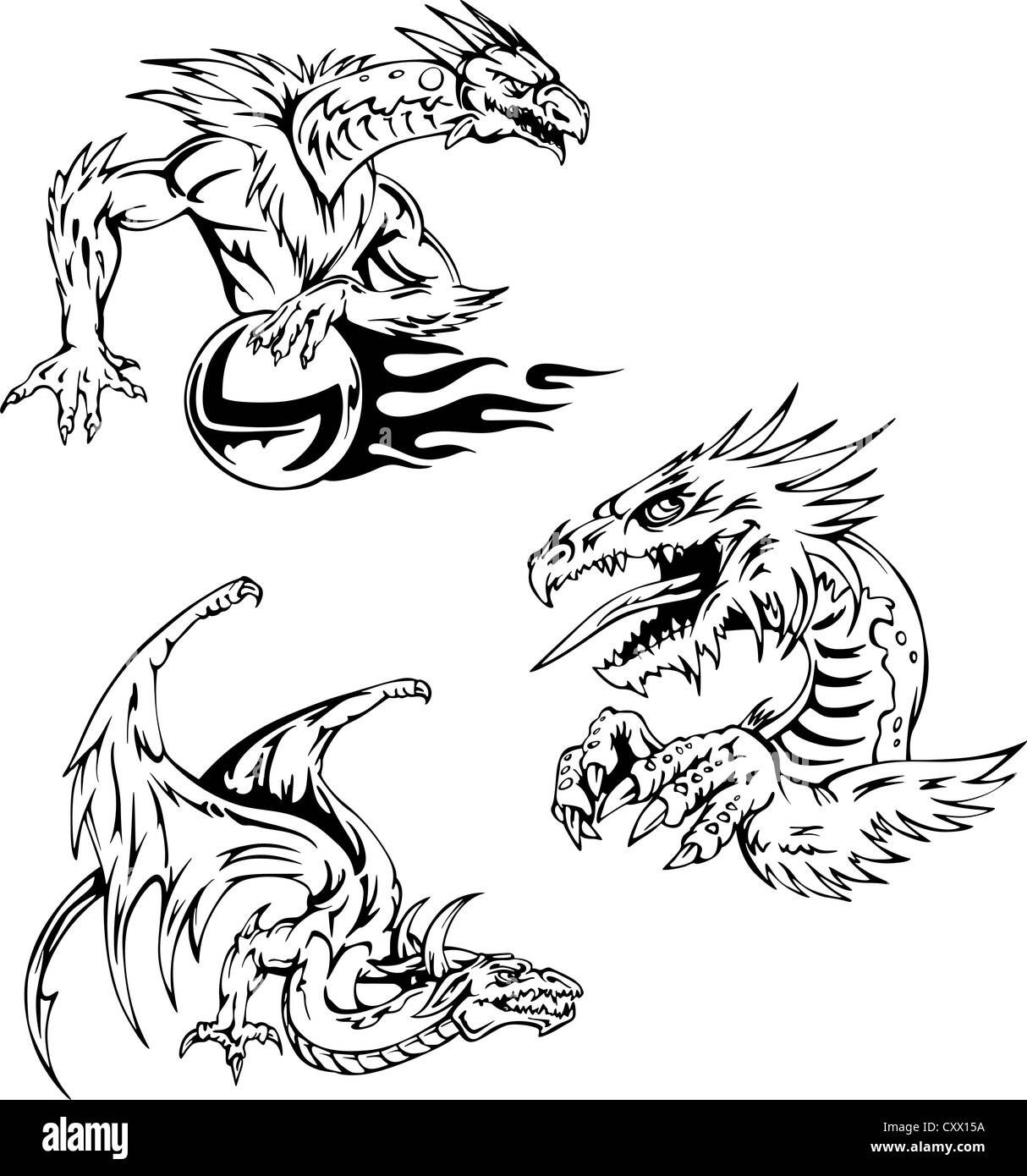 Motifs de tatouage de dragon. Série d'illustrations vectorielles. Banque D'Images