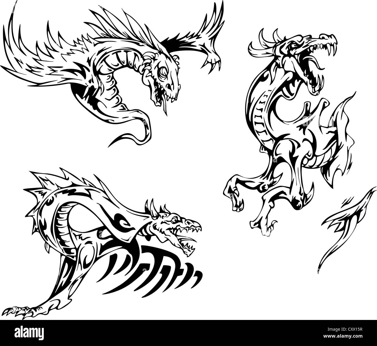 Motifs de tatouage de dragon. Série d'illustrations vectorielles. Banque D'Images