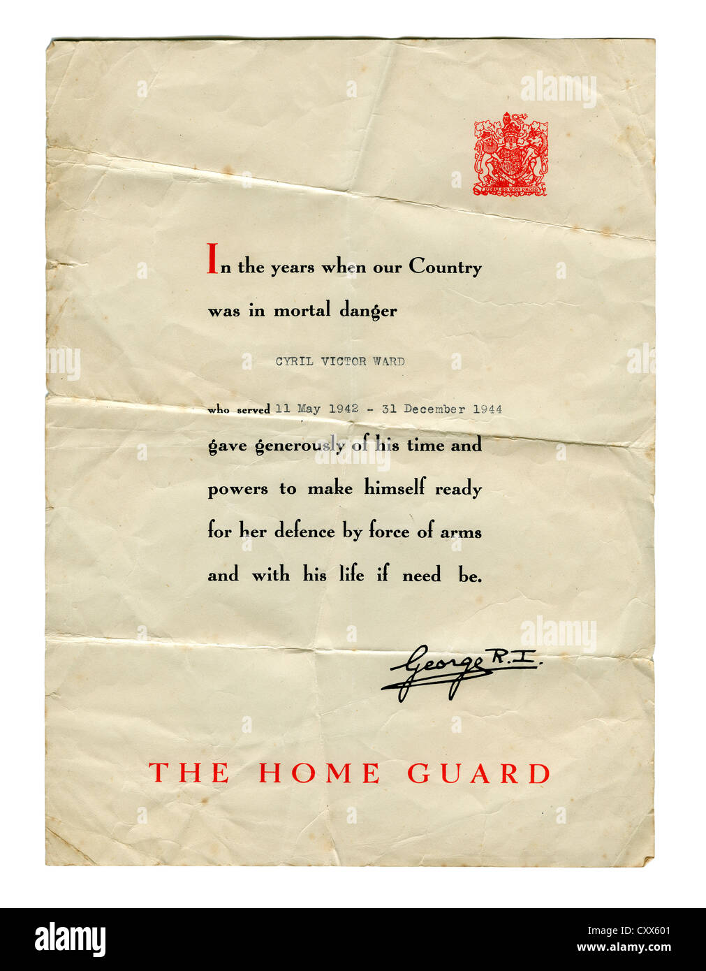 Accusé de service pour la garde nationale pendant la Seconde Guerre mondiale, par le roi George V Banque D'Images