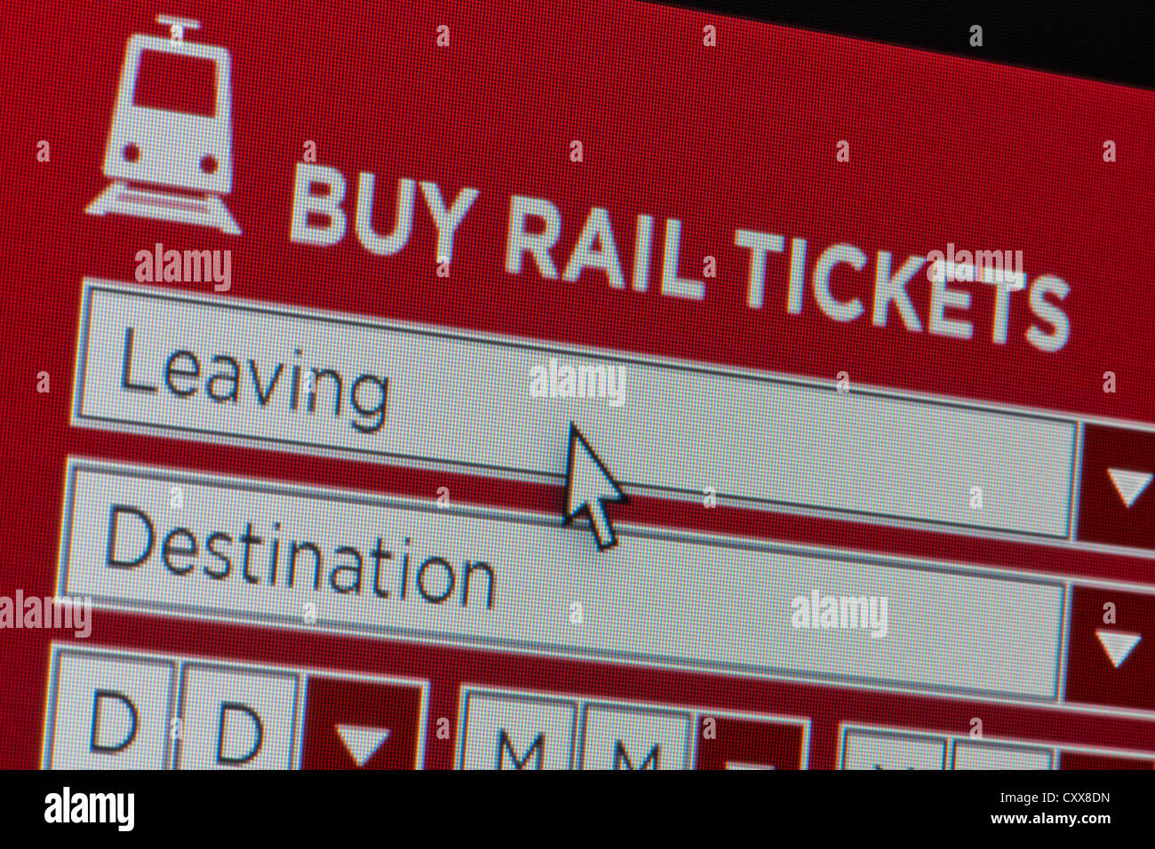 Close up d'un site fictif invitant les utilisateurs à acheter les billets de train après la saisie d'informations concernant la recherche. Banque D'Images