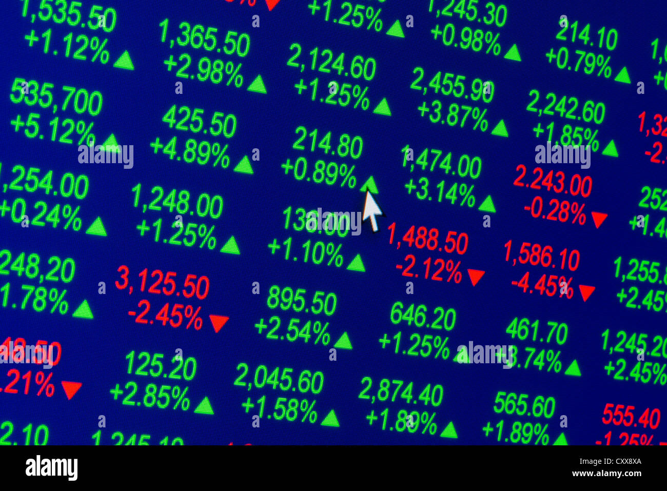 Close up d'un super site web affichant des chiffres d'une bourse ou bourse. Banque D'Images