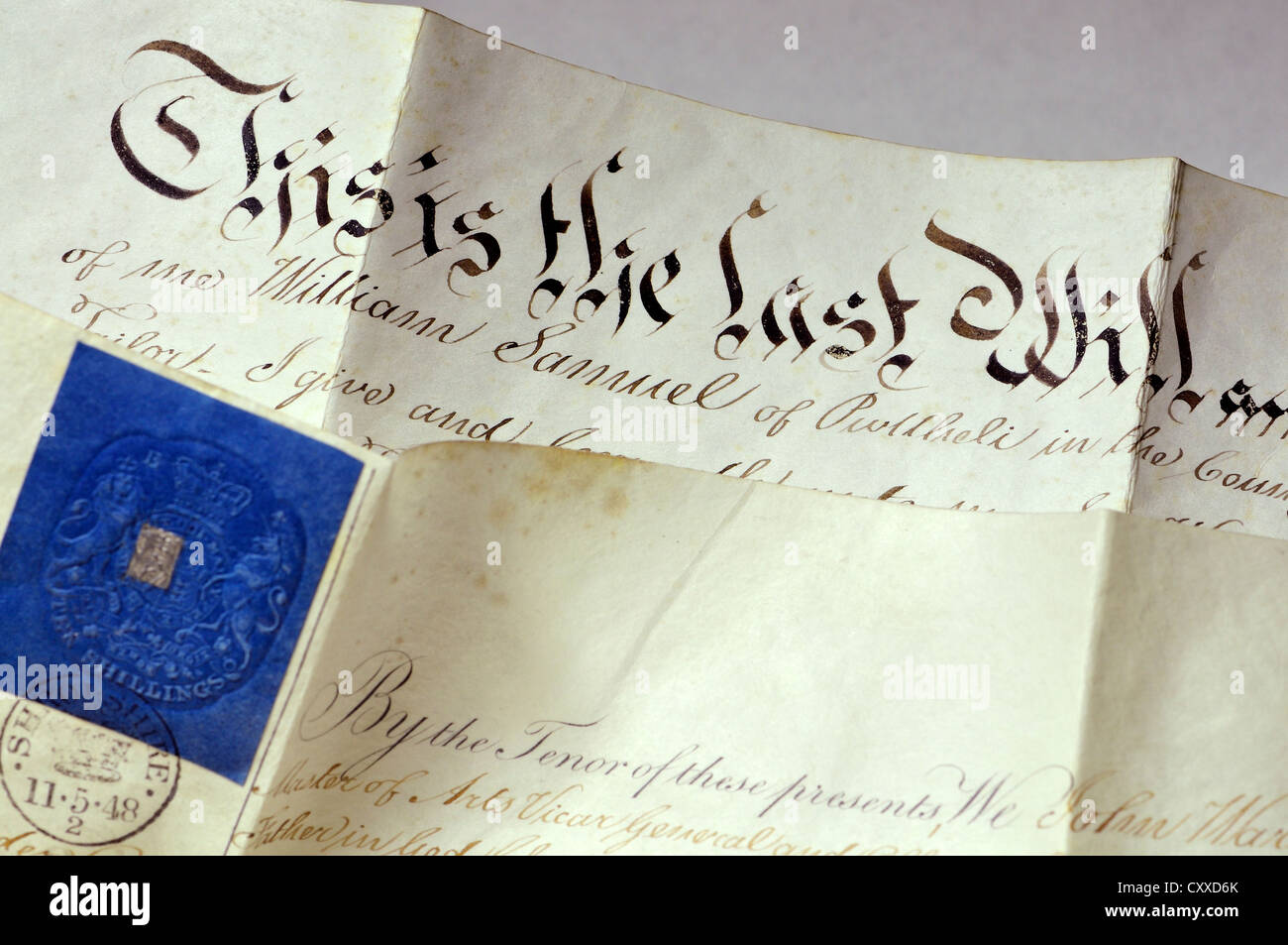 Le document d'homologation écrit sur vélin. 17 mai 1848 - Le testament de William Samuel Banque D'Images