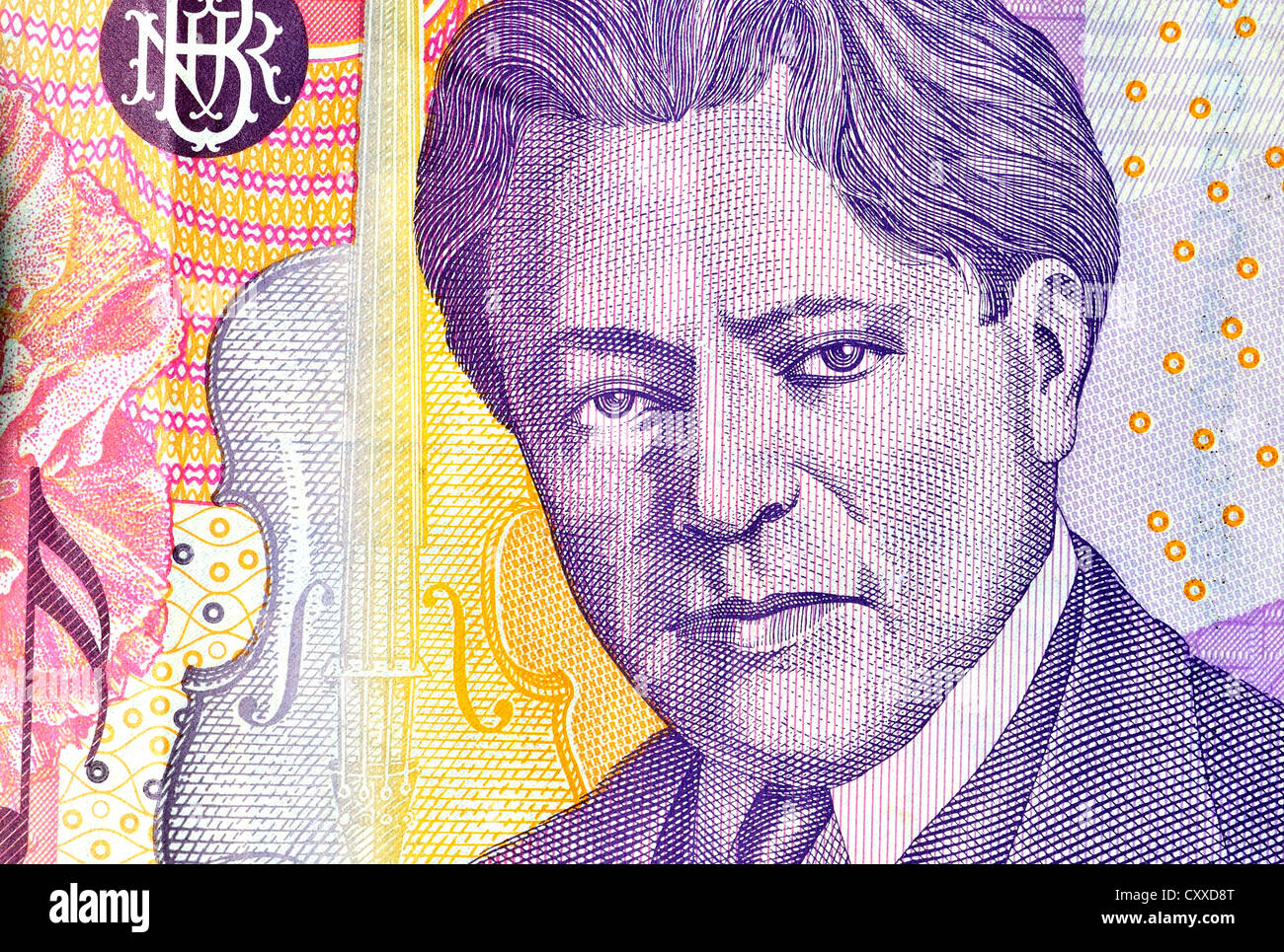 Détail de Leu roumain 5 euros (2005) - portrait de George Enescu / Enesco (compositeur, violoniste, pianiste, chef d'orchestre, professeur) Banque D'Images