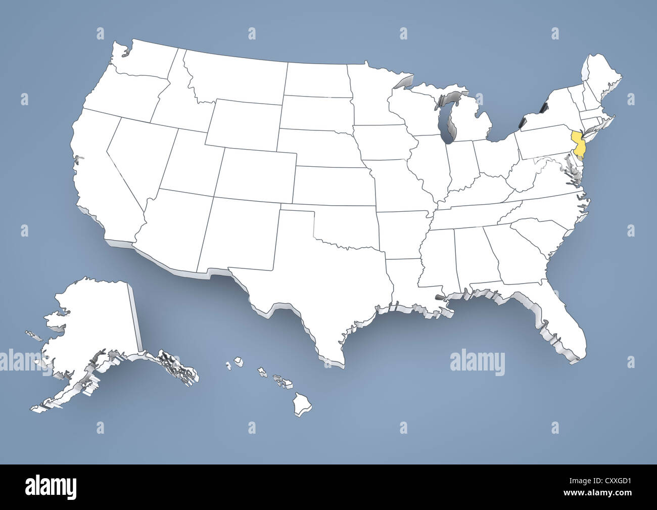 New Jersey, NJ, mis en évidence sur une carte en courbes de USA, United States of America, 3D illustration Banque D'Images