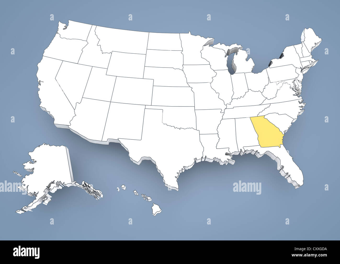 La Géorgie, GA, mis en évidence sur une carte en courbes de USA, United States of America, 3D illustration Banque D'Images