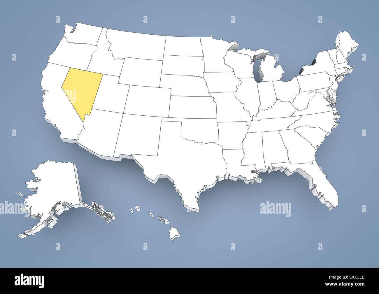 Le Nevada, NV, mis en évidence sur une carte en courbes de USA, United States of America, 3D illustration Banque D'Images