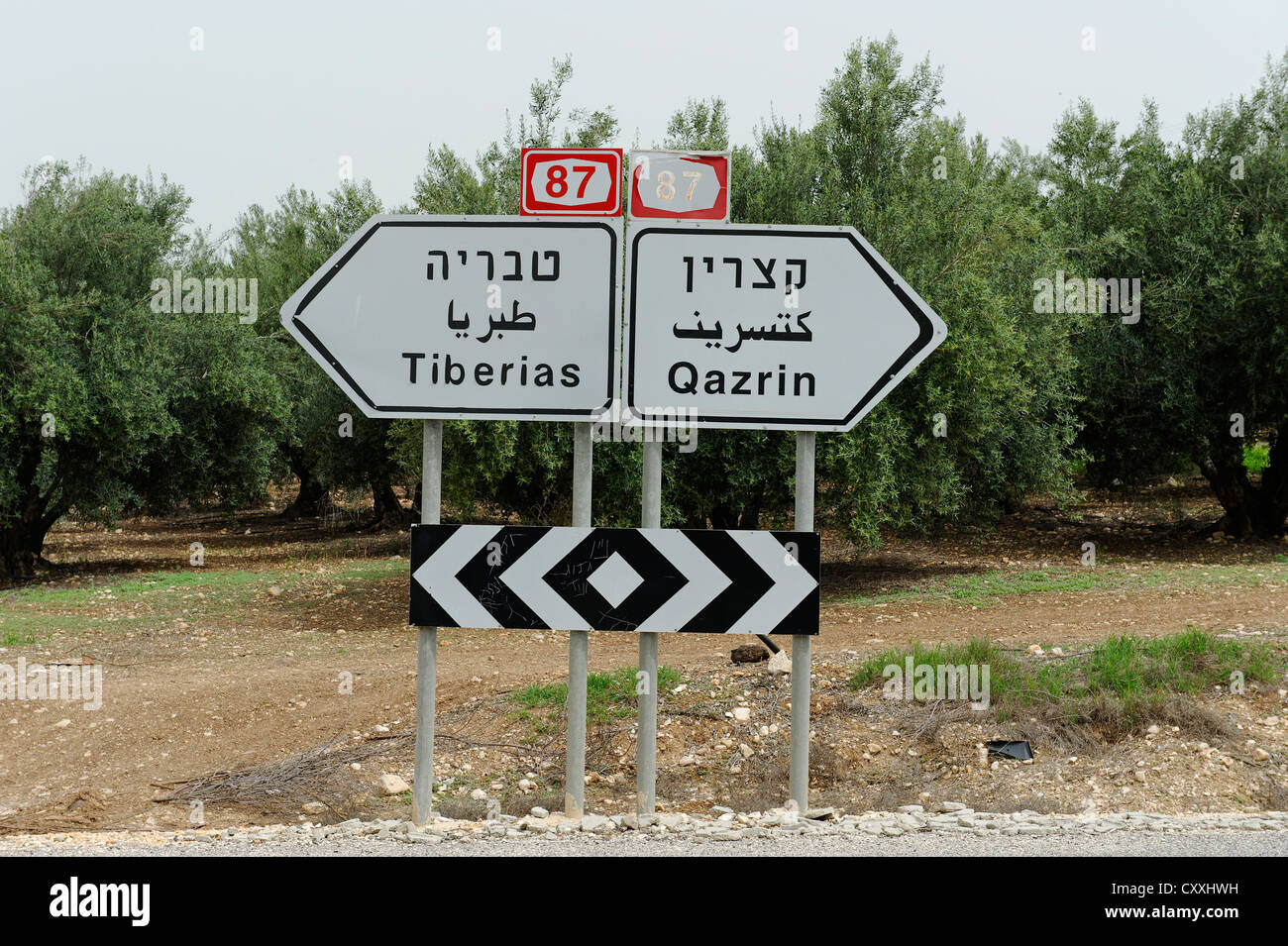 Poteau de signalisation en trois langues, arabe, hébreu et latin, Tabgha à la mer de Galilée, Lac de Génésareth Yam Kinneret Banque D'Images