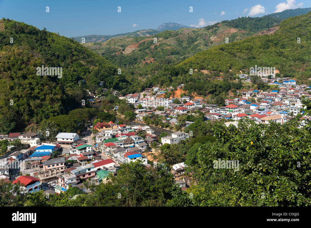 Avis de Mae Sai, la ville le plus au nord de la Thaïlande, le nord de la Thaïlande, la Thaïlande, l'Asie Banque D'Images