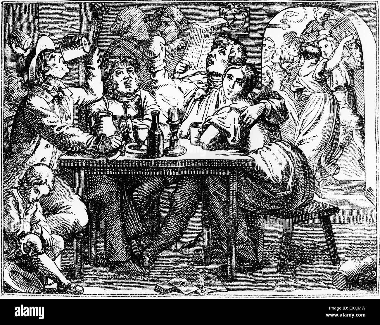 À la taverne avec du vin, de la bière et de la danse, la gravure, la fin du xixe siècle Banque D'Images