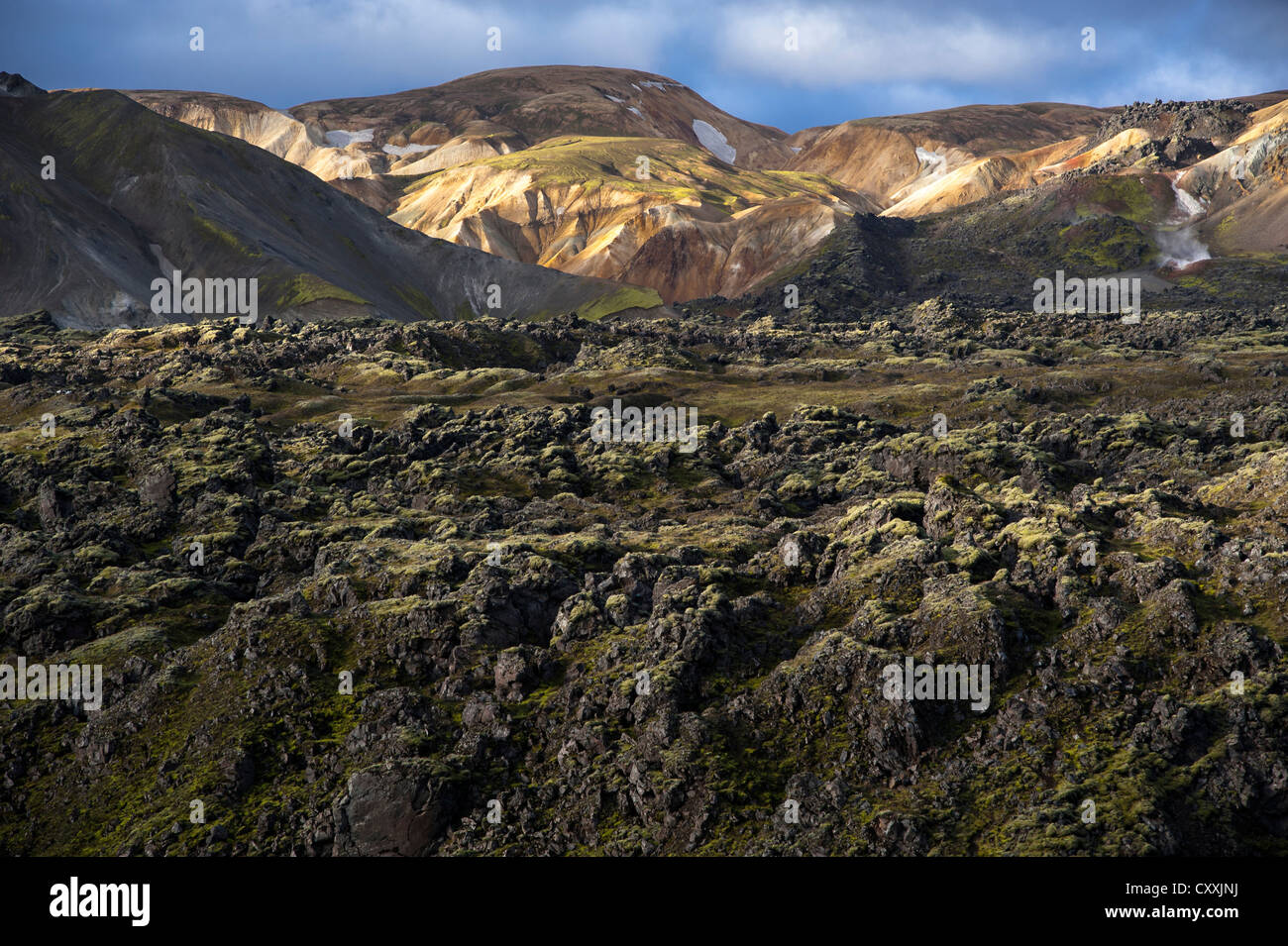 Montagnes de rhyolite et de lave de Laugahraun, Landmannalaugar, la Réserve Naturelle de Fjallabak, hautes terres d'Islande, Islande, Europe Banque D'Images