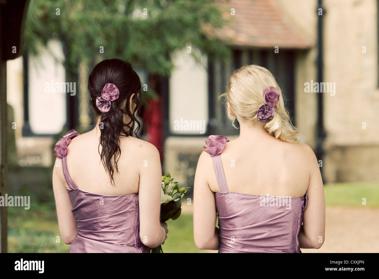 Deux demoiselles photographiées par derrière en porter un bracelet violet sombre des robes et des fleurs dans leurs cheveux Banque D'Images