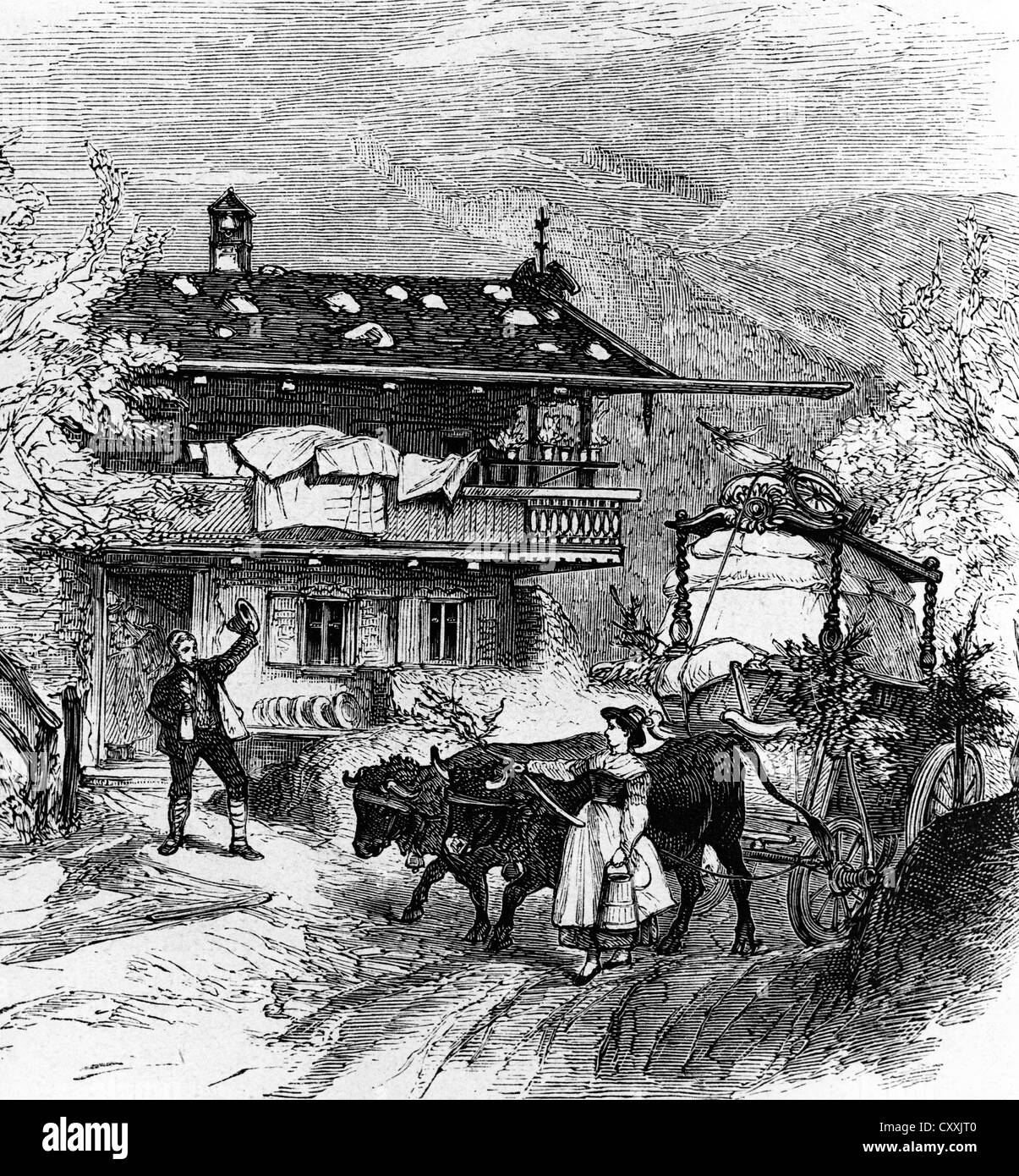 Wagon transport de la noce la dot en face de la maison du fiancé, Lenggries, gravure, c. 1830, la Haute-Bavière, Bavière Banque D'Images