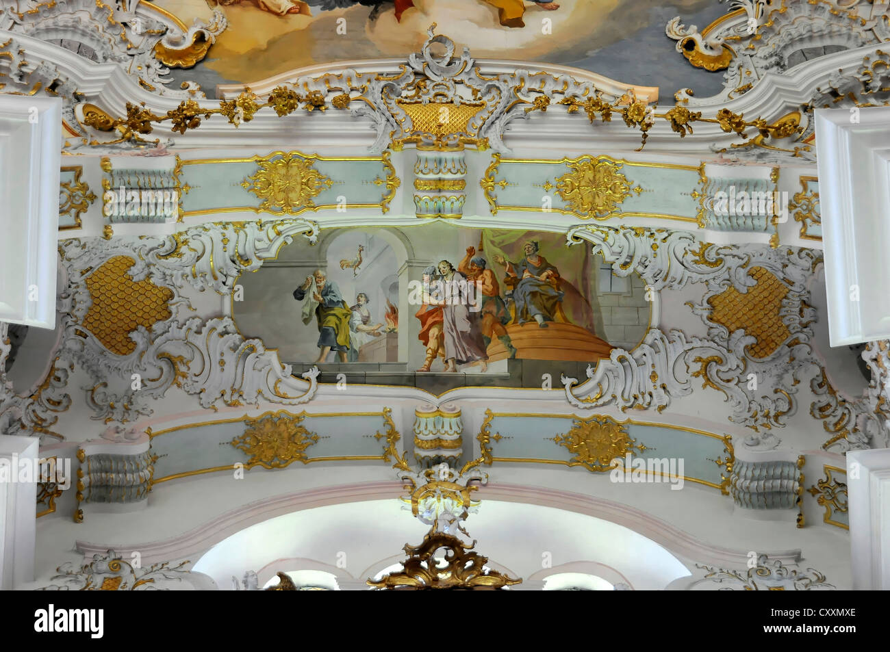Vue de l'intérieur, fresque au plafond, plafond peinture, Wieskirche, Église de pèlerinage de Wies, Rococo, 1745-1754 Banque D'Images