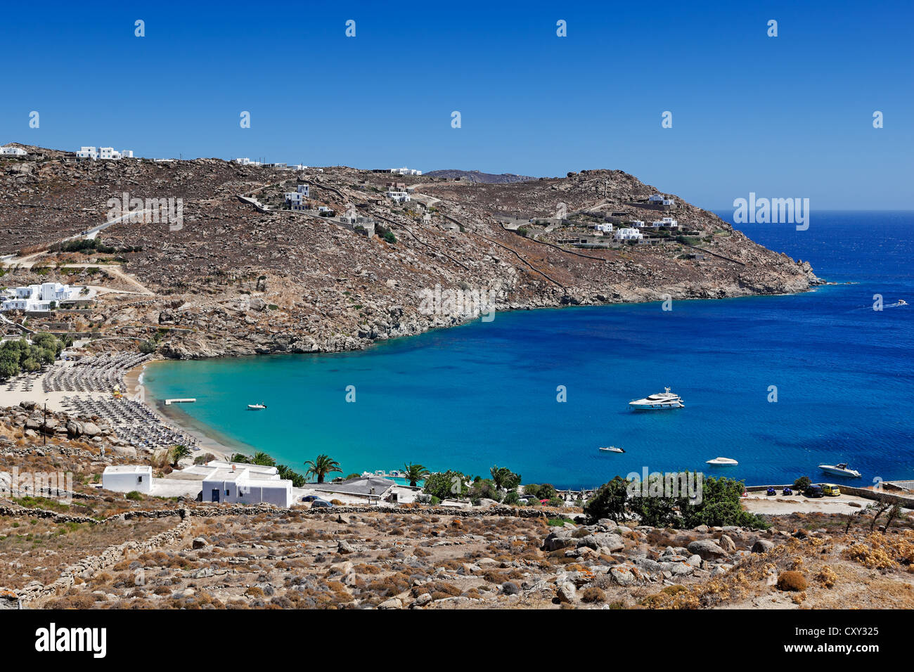 Super Paradise est l'un des plus célèbres plages de Mykonos, Grèce Banque D'Images