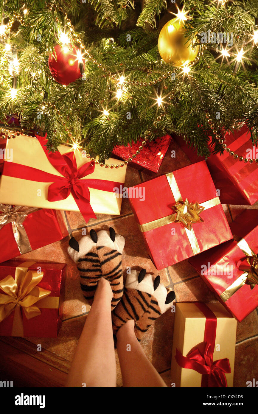 Personne avec des chaussons en forme de pattes de tigre debout devant des  cadeaux de Noël sous un arbre de Noël Photo Stock - Alamy