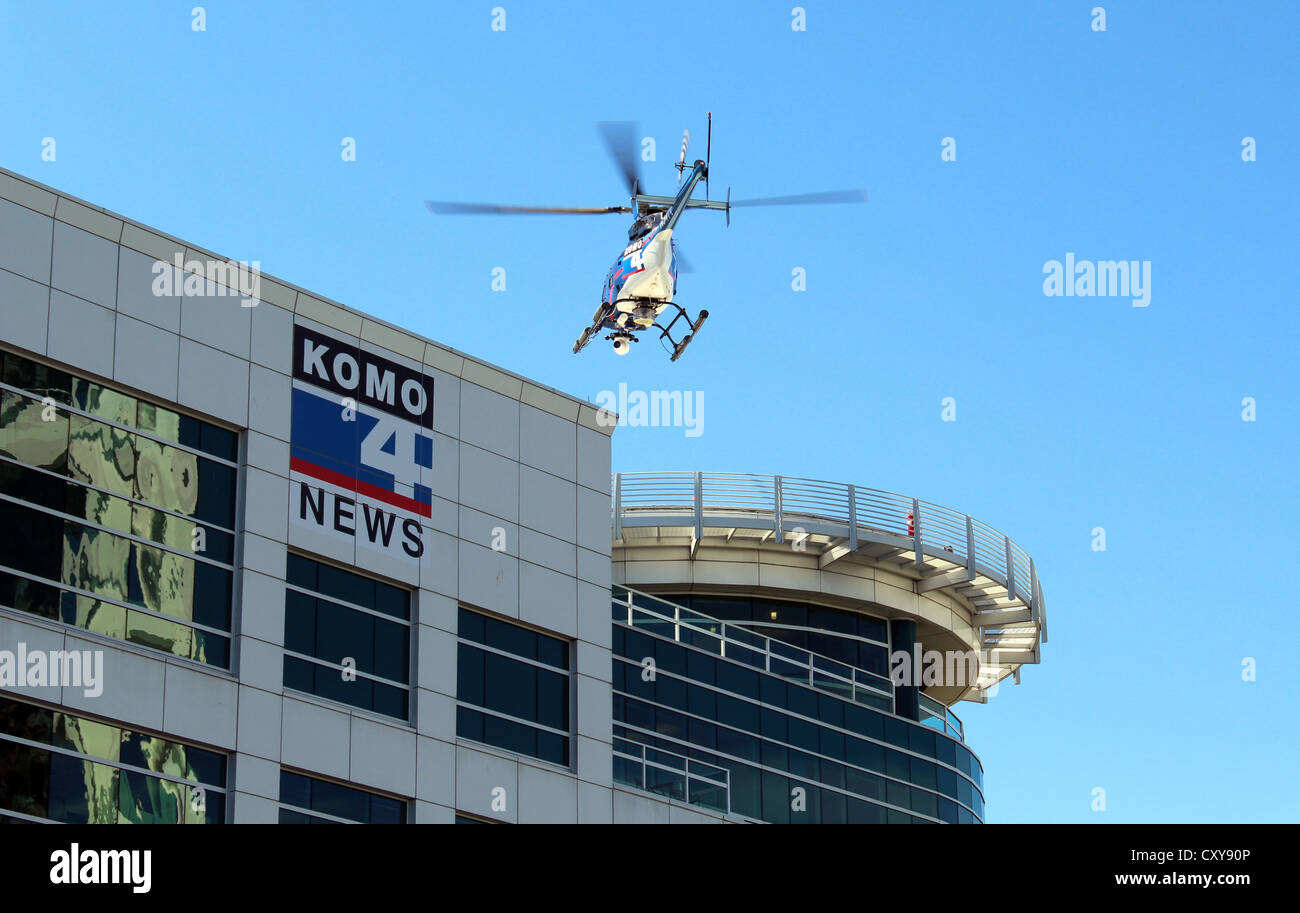 News atterrissant à Komo 4 News Building à Seattle, Washington, États-Unis Banque D'Images