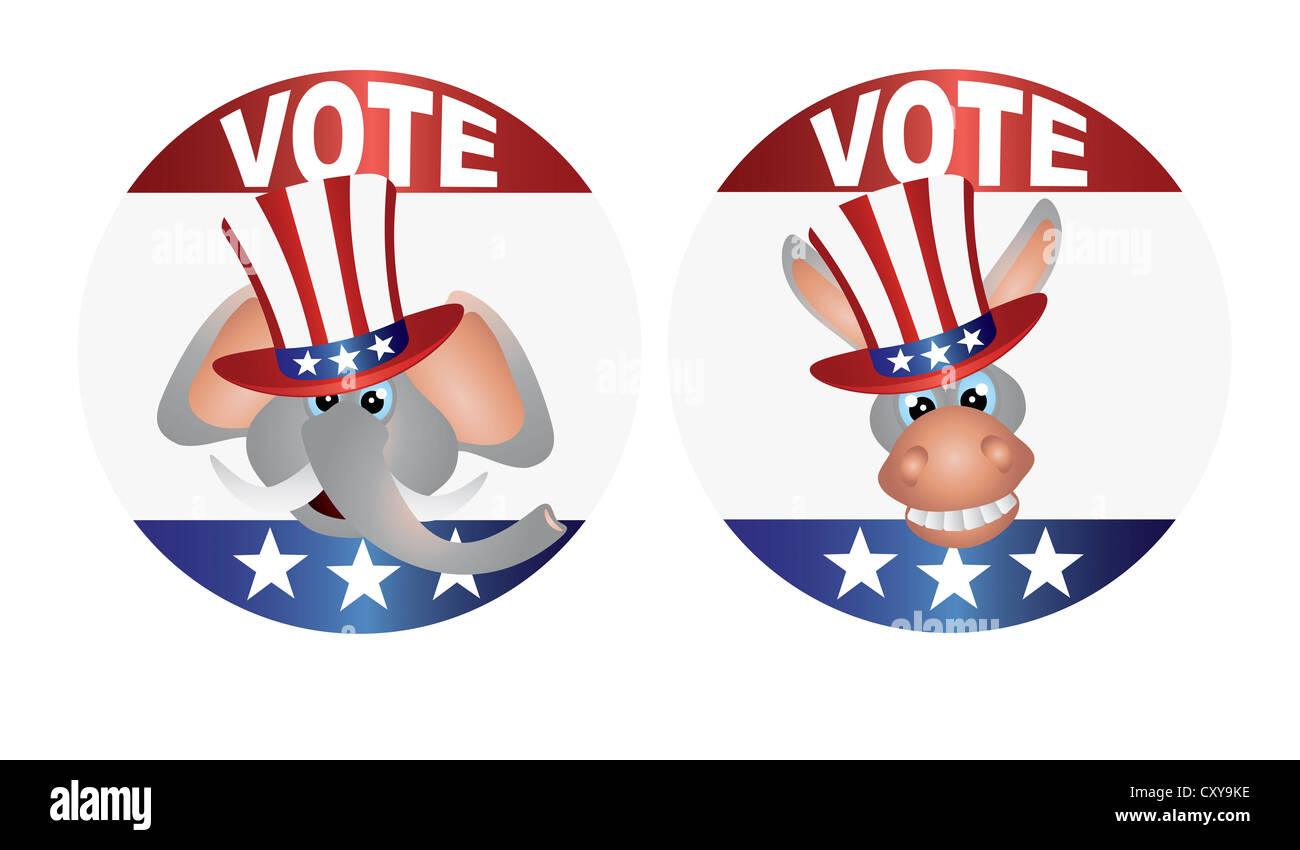 Voter républicain et démocrate de l'éléphant d'Âne avec l'Oncle Sam Hat Illustration Boutons Banque D'Images