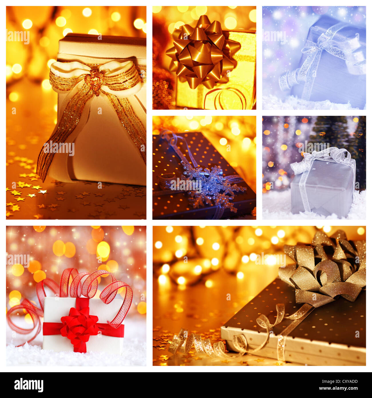Vacances d'hiver concept collage avec collection de cadeaux de Noël coloré et ornements décorations Banque D'Images