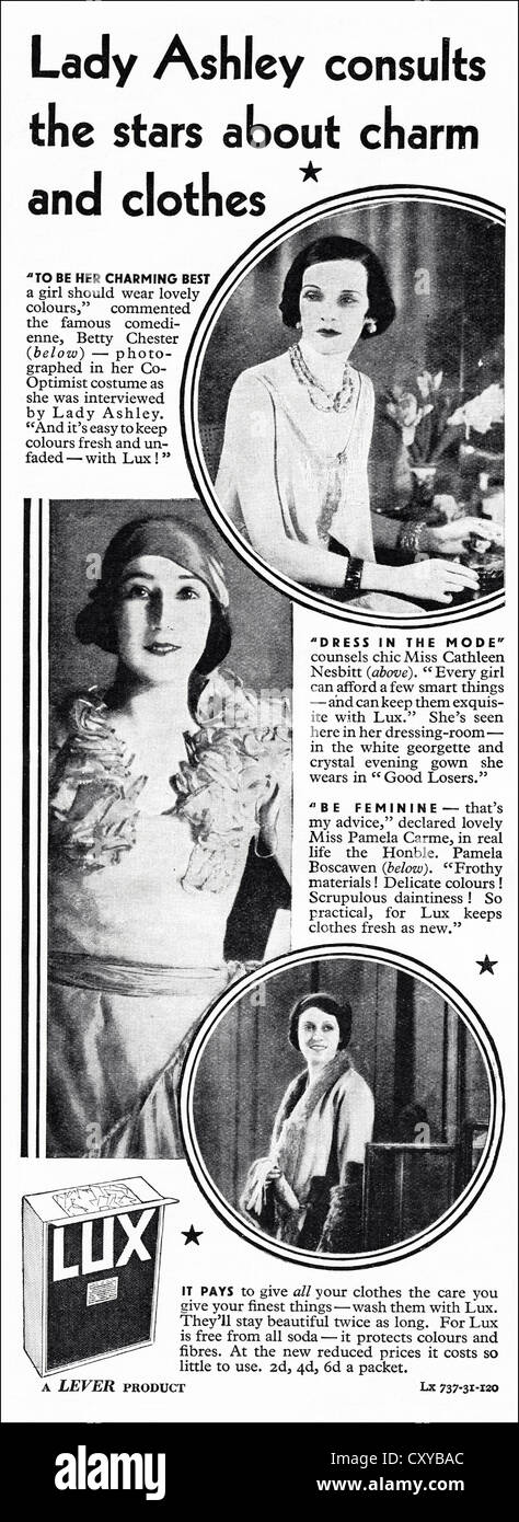 Original 1930 vintage print publicité de la revue grand public anglaise publicité Lux avec Lady Ashley Banque D'Images