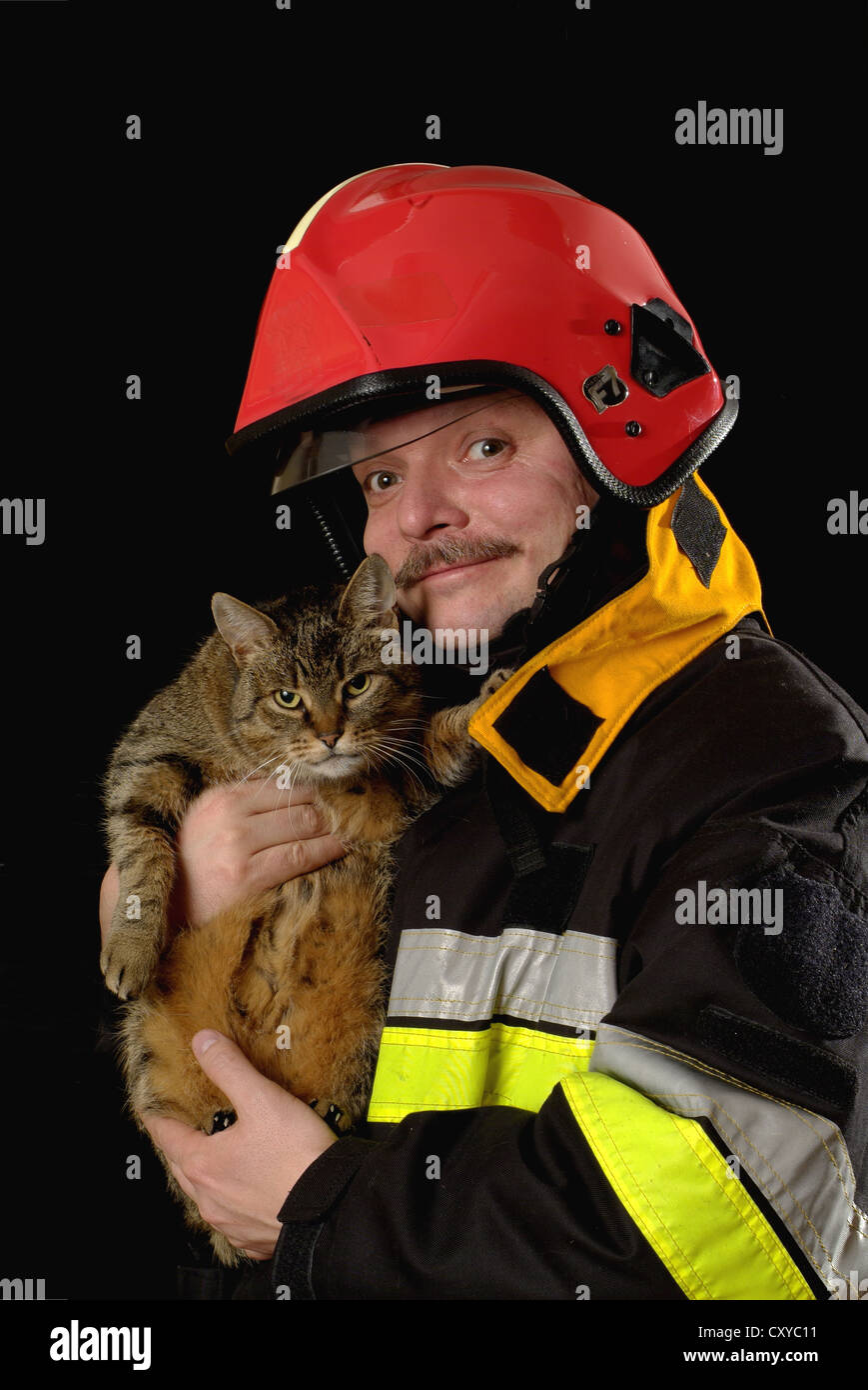 Avec un pompier a sauvé cat Banque D'Images