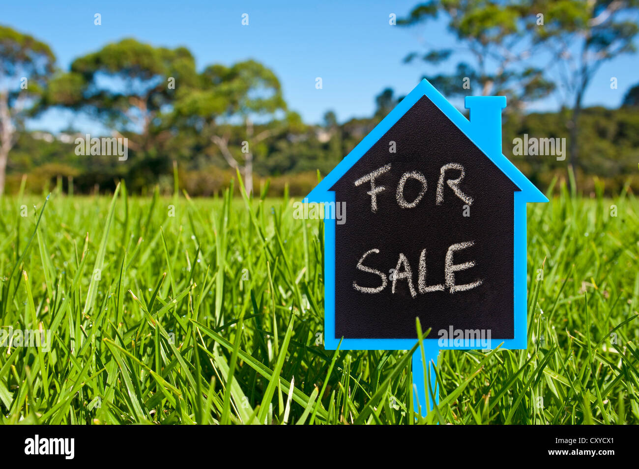 En forme de maison 'à vendre' conseil en herbe, image symbolique pour les ventes Terrain à bâtir Banque D'Images